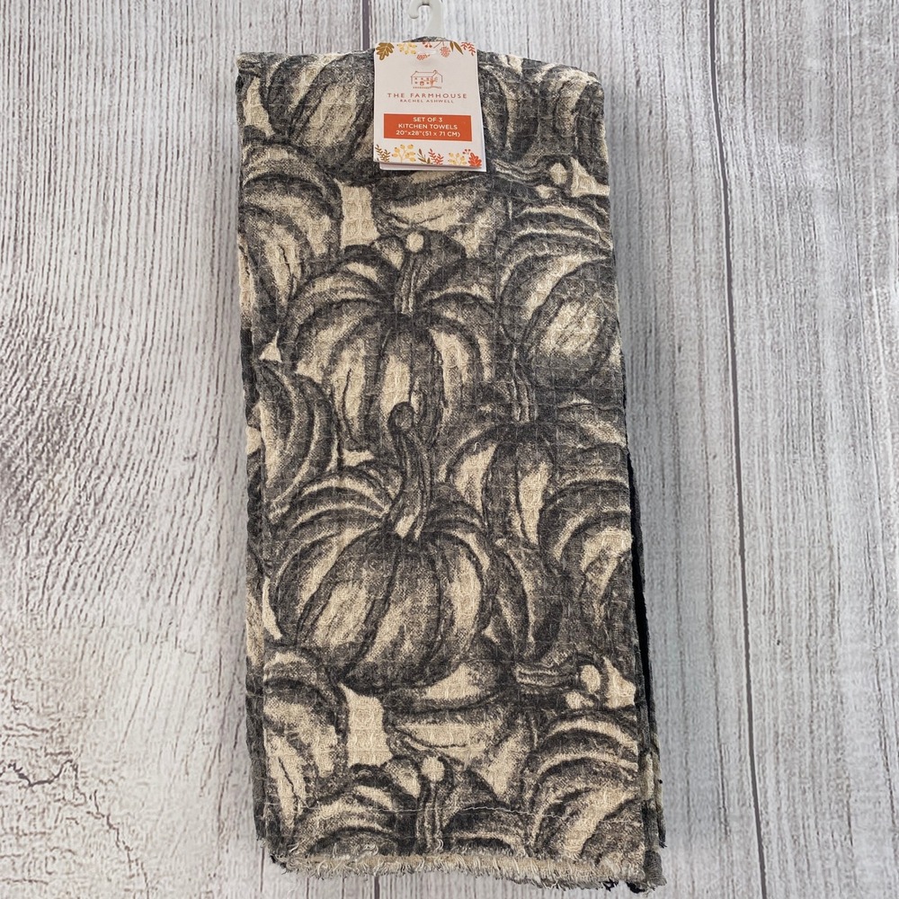 Rachel Ashwell The Farmhouse Kitchen Towels Set of 3 Gray Pumpkin Waffle Autumn